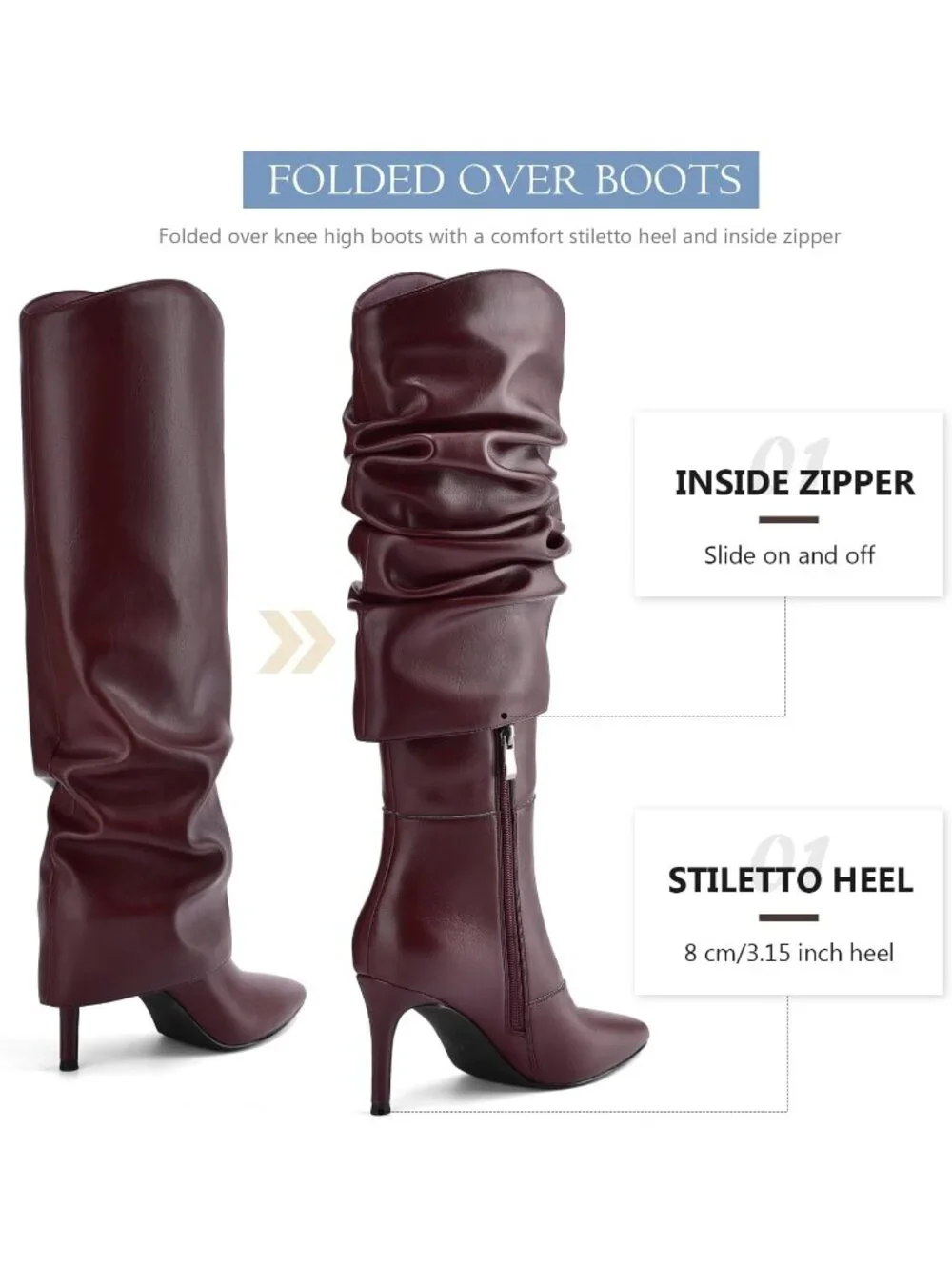 Women's Wine Red Stiletto High Heels Pointed Toe Fold Over Knee High Boots